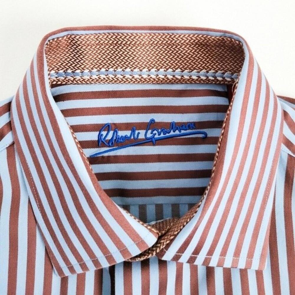 Robert Graham Shirt Twill Striped Button Up Flip Cuff Blue Brown Mens S - Picture 2 of 9